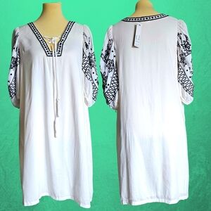 Women White Dress BelldiniFloral Black Embroidered Lace Up 100% Rayon LA Size SP